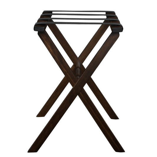 Hotel Dark Walnut Finish Wood Folding Luggage Rack With Black Straps - Homeroots