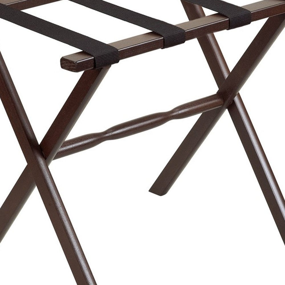 Hotel Dark Walnut Finish Wood Folding Luggage Rack With Black Straps - Homeroots