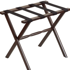 Hotel Dark Walnut Finish Wood Folding Luggage Rack With Black Straps - Homeroots