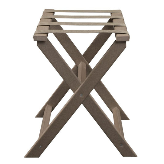 Earth Friendly Taupe Folding Luggage Rack With Dark Tan Straps