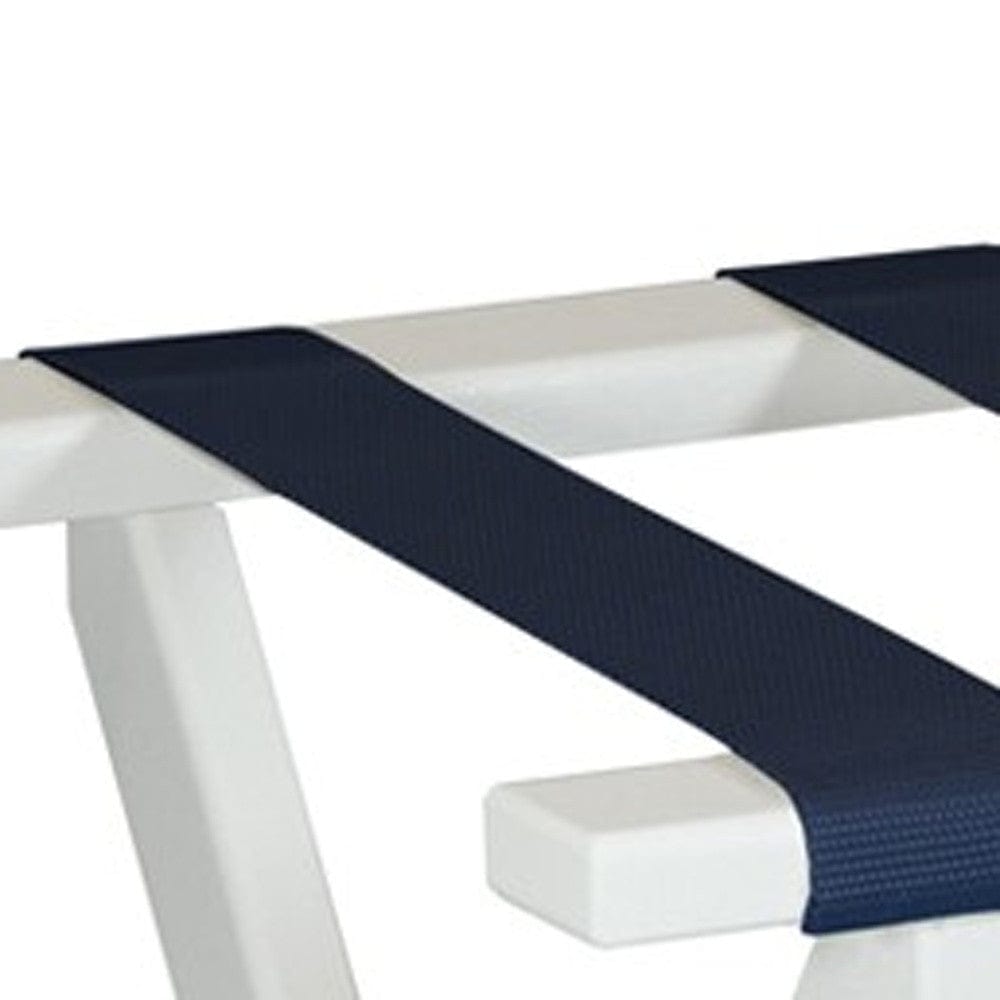 Earth Friendly White Folding Luggage Rack With Navy Straps