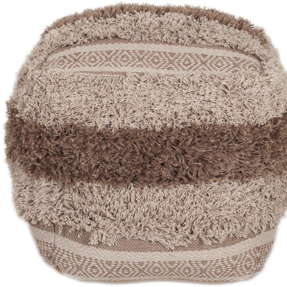 Boho Shaggy Khaki Textured Pouf - Homeroots