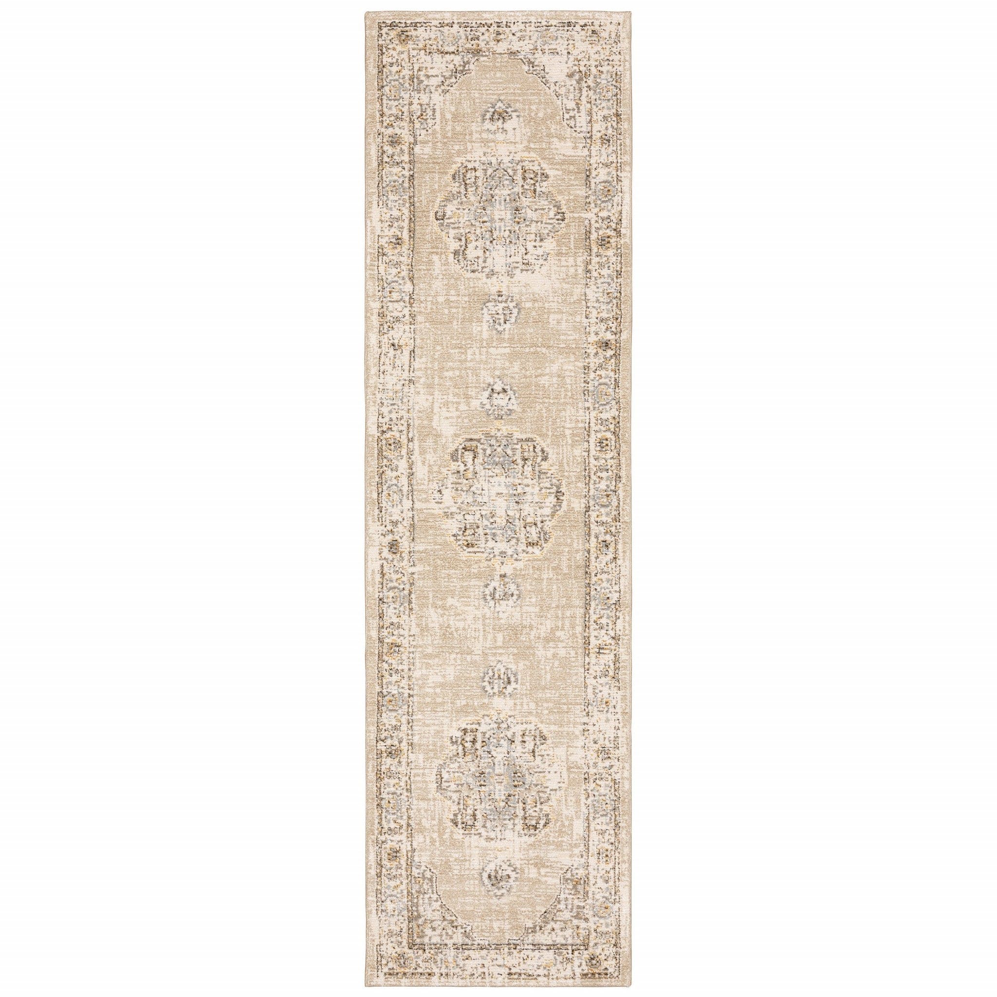 2' X 8' Beige And Ivory Center Jewel Runner Rug