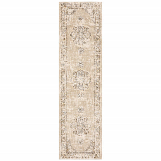 2' X 8' Beige And Ivory Center Jewel Runner Rug