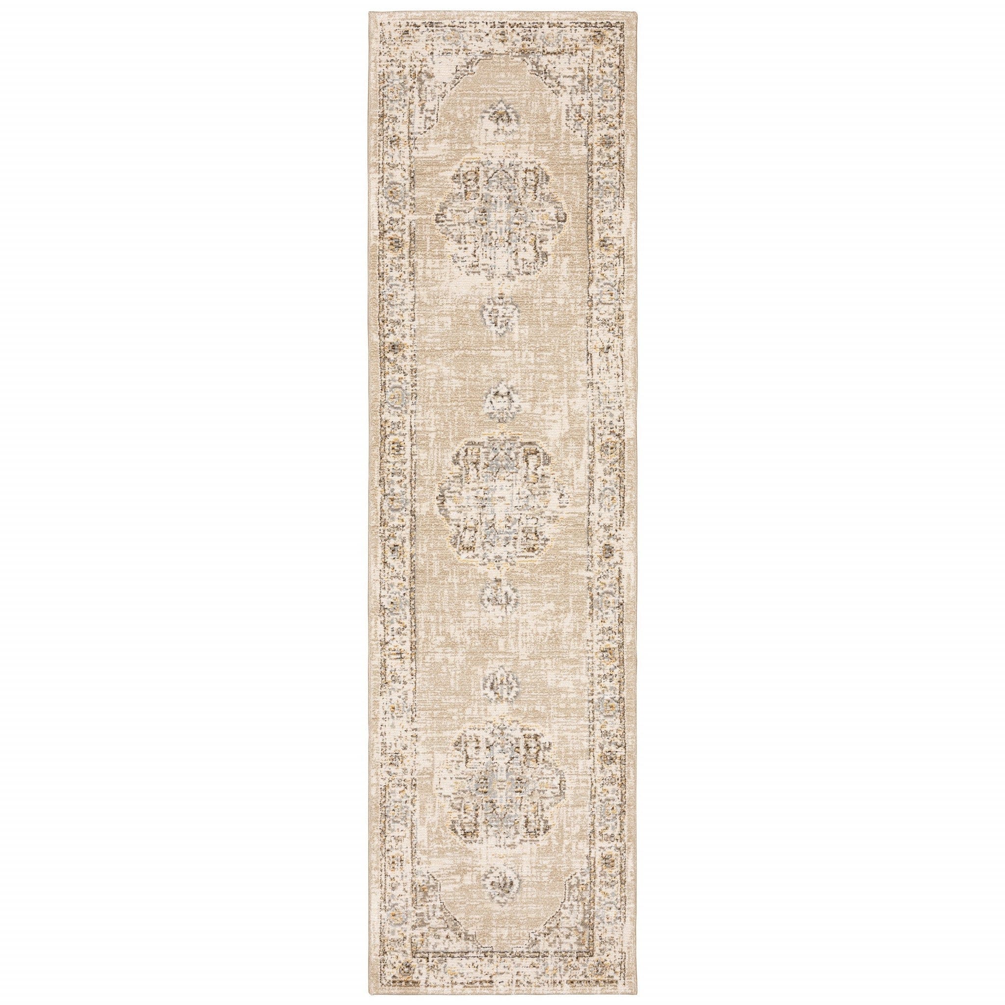 2' X 8' Beige And Ivory Center Jewel Runner Rug