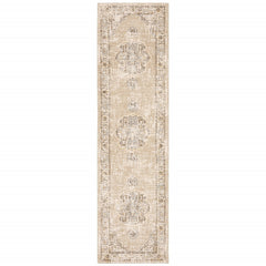 2' X 8' Beige And Ivory Center Jewel Runner Rug