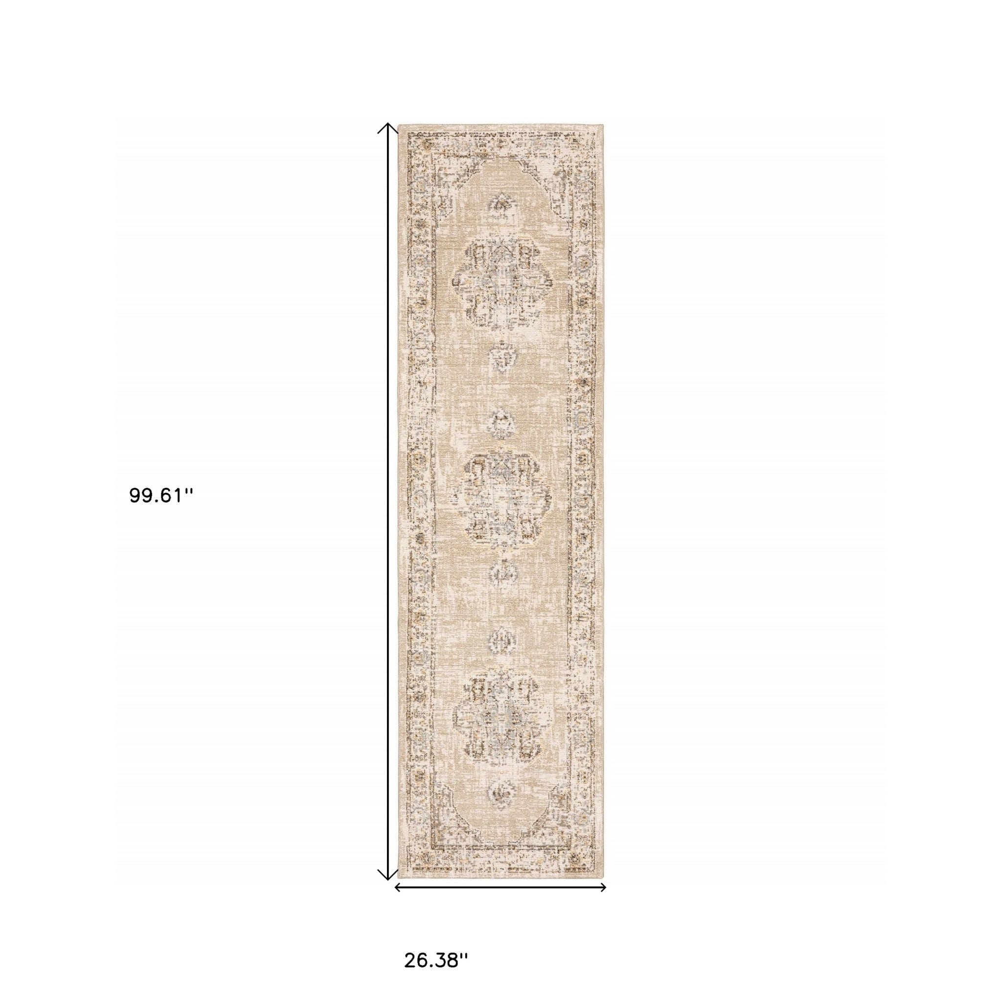 2' X 8' Beige And Ivory Center Jewel Runner Rug