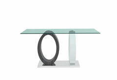 63" Clear And Gray and White Glass And Metal Double Pedestal Base Dining Table - Homeroots