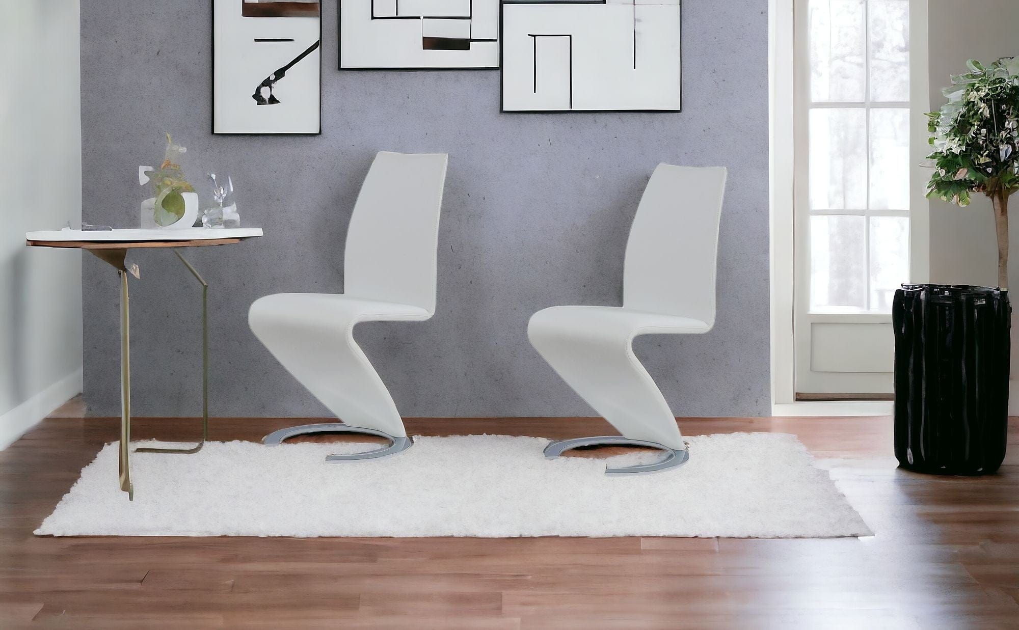 Set of Two White and Silver Upholstered Faux Leather Dining Parsons Chairs