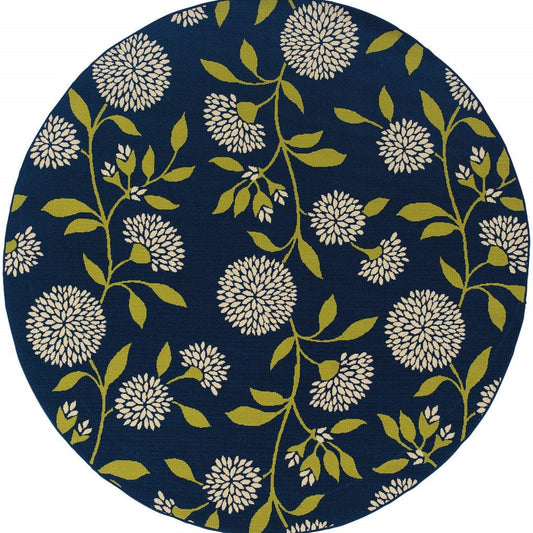 Blue and Green Round Floral Indoor Outdoor Area Rug