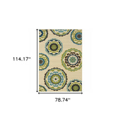 7' X 10' Green and Ivory Floral Indoor Outdoor Area Rug - Homeroots