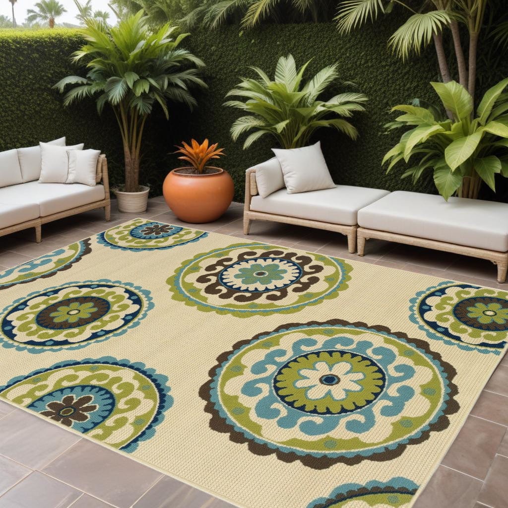 7' X 10' Green and Ivory Floral Indoor Outdoor Area Rug - Homeroots