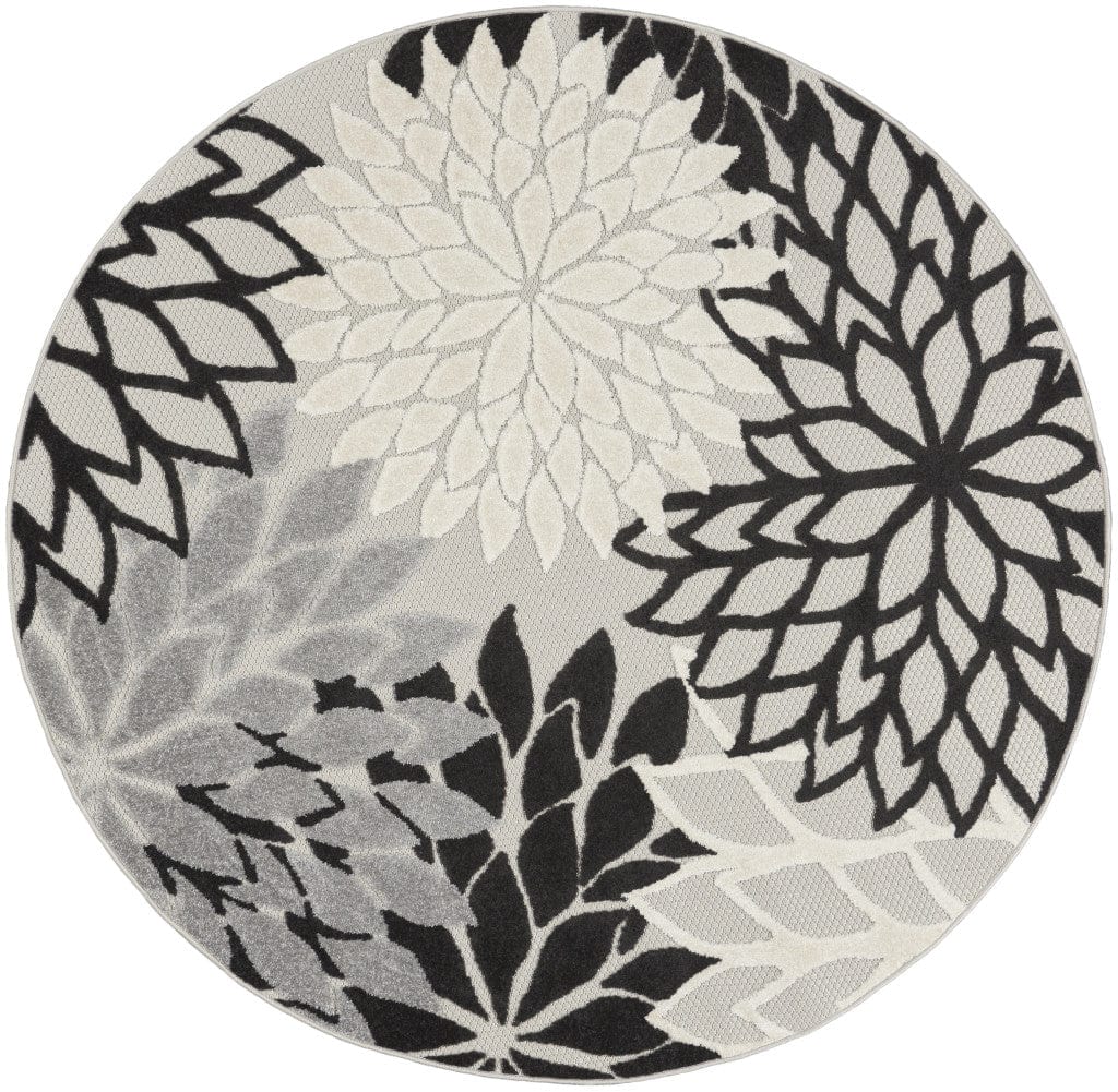 5' Round Black And White Round Floral Indoor Outdoor Area Rug - Homeroots