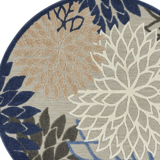 4' Round Blue And Gray Round Floral Indoor Outdoor Area Rug