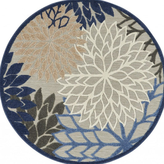 4' Round Blue And Gray Round Floral Indoor Outdoor Area Rug