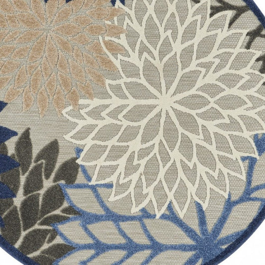 5' Round Blue And Gray Round Floral Indoor Outdoor Area Rug - Homeroots