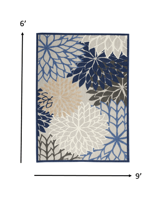 6' X 9' Blue And Gray Floral Indoor Outdoor Area Rug - Homeroots