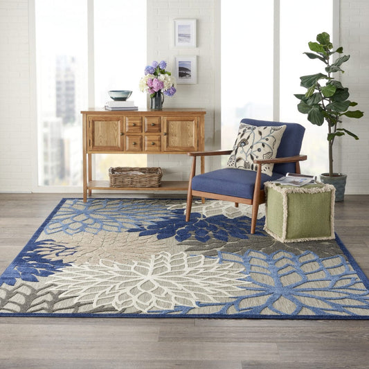 7' X 10' Blue And Gray Floral Indoor Outdoor Area Rug - Homeroots