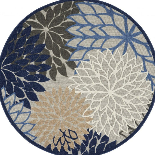 8' Round Blue And Gray Round Floral Indoor Outdoor Area Rug - Homeroots