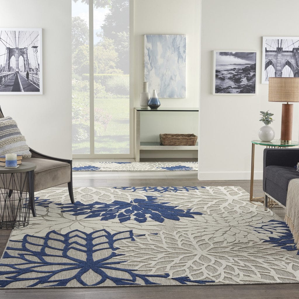 8' X 11' Ivory And Blue Floral Indoor Outdoor Area Rug - Homeroots