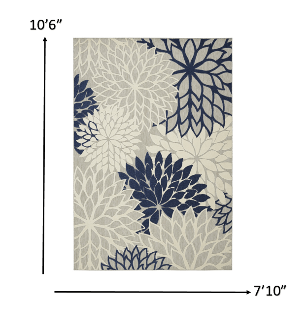 8' X 11' Ivory And Blue Floral Indoor Outdoor Area Rug - Homeroots