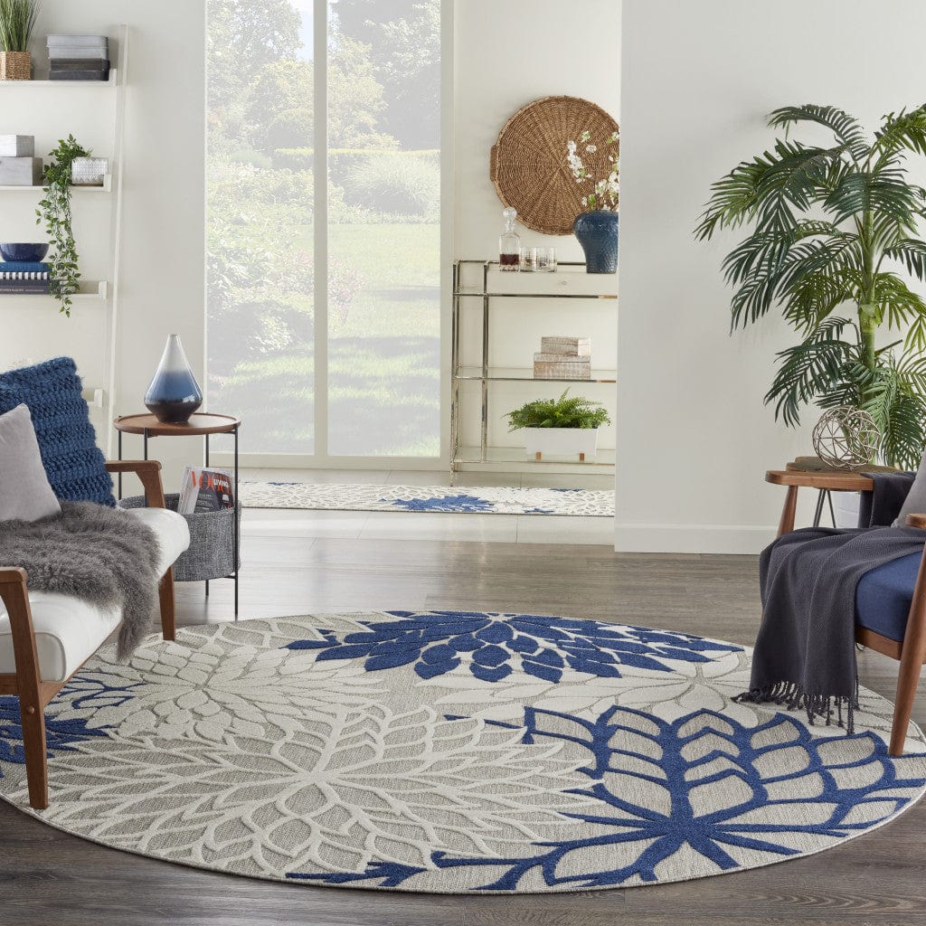 8' Round Ivory And Blue Round Floral Indoor Outdoor Area Rug - Homeroots