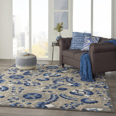 8' X 11' Blue And Gray Floral Indoor Outdoor Area Rug - Homeroots