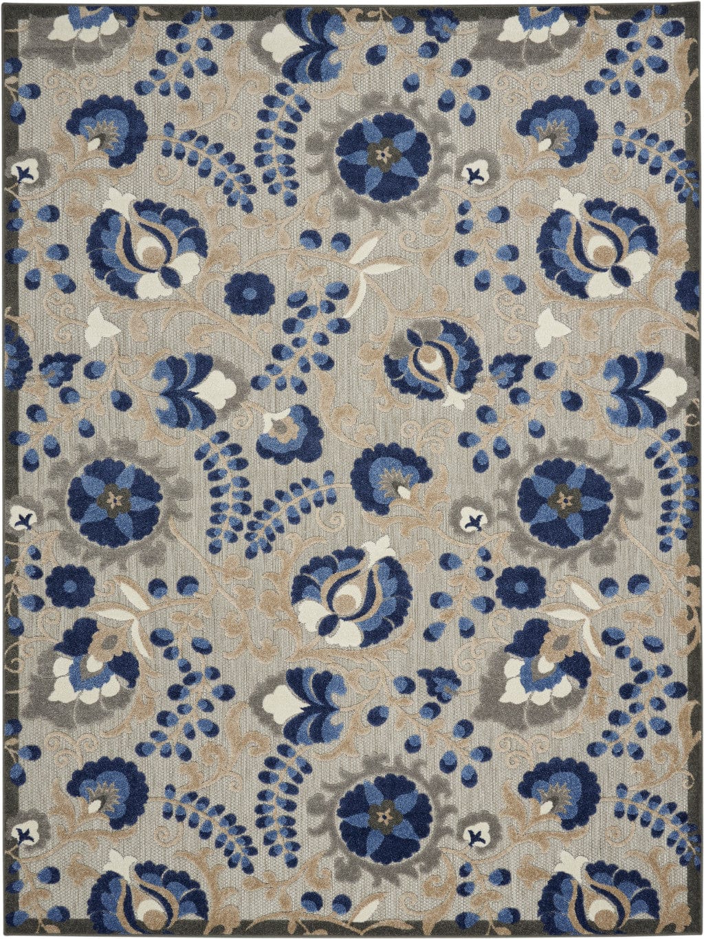 8' X 11' Blue And Gray Floral Indoor Outdoor Area Rug - Homeroots