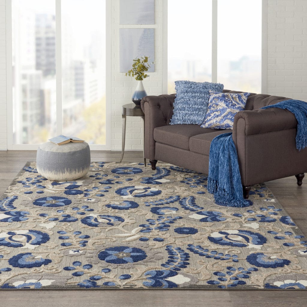 8' X 11' Blue And Gray Floral Indoor Outdoor Area Rug - Homeroots