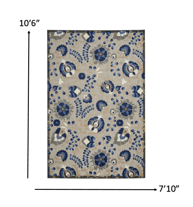 8' X 11' Blue And Gray Floral Indoor Outdoor Area Rug - Homeroots