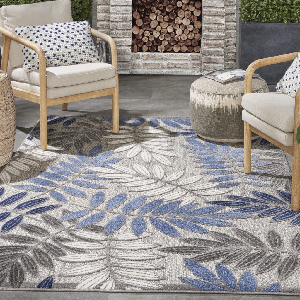 5' X 7' Blue And Gray Floral Stain Resistant Indoor Outdoor Area Rug - Homeroots