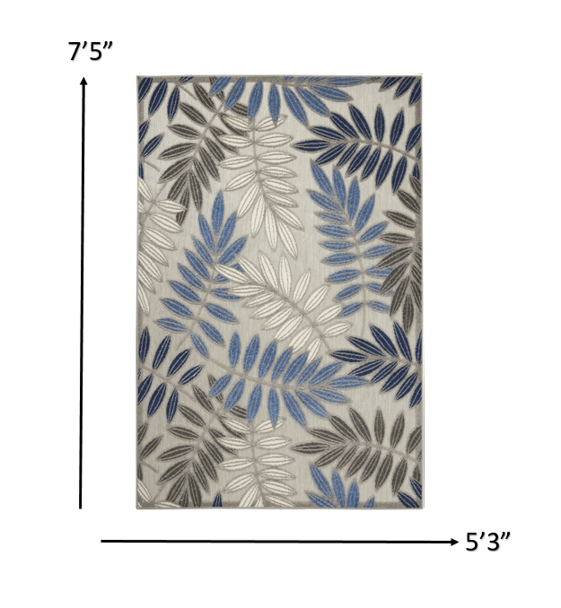 5' X 7' Blue And Gray Floral Stain Resistant Indoor Outdoor Area Rug - Homeroots