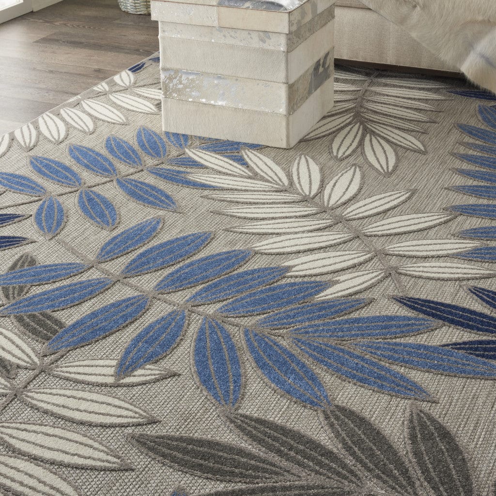 8’ X 11’ Gray And Blue Leaves Indoor Outdoor Area Rug - Homeroots