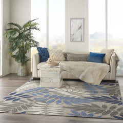 8’ X 11’ Gray And Blue Leaves Indoor Outdoor Area Rug - Homeroots