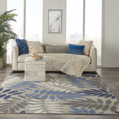 8’ X 11’ Gray And Blue Leaves Indoor Outdoor Area Rug - Homeroots