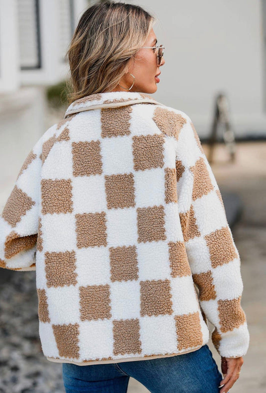 Checkered Snap Down Long Sleeve Teddy Jacket - Trendsi