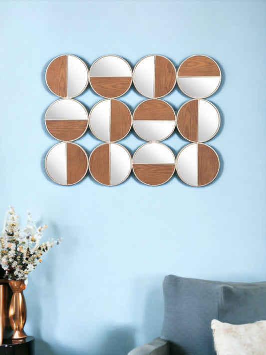 Set of Twelve Gold and Walnut Round Steel Framed Accent Mirror