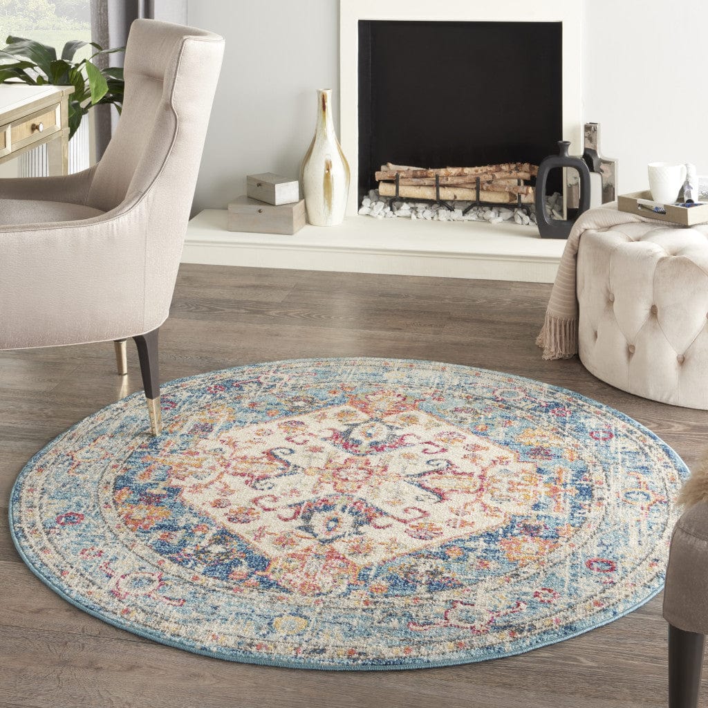 4' Blue And Ivory Round Power Loom Area Rug - Homeroots