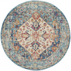 4' Blue And Ivory Round Power Loom Area Rug