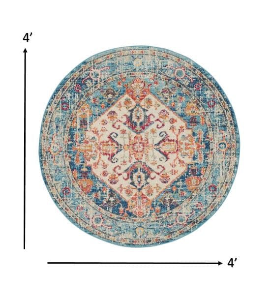 4' Blue And Ivory Round Power Loom Area Rug - Homeroots