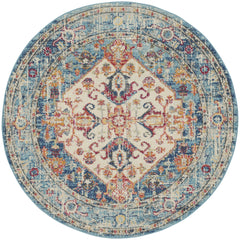 4' Blue And Ivory Round Power Loom Area Rug