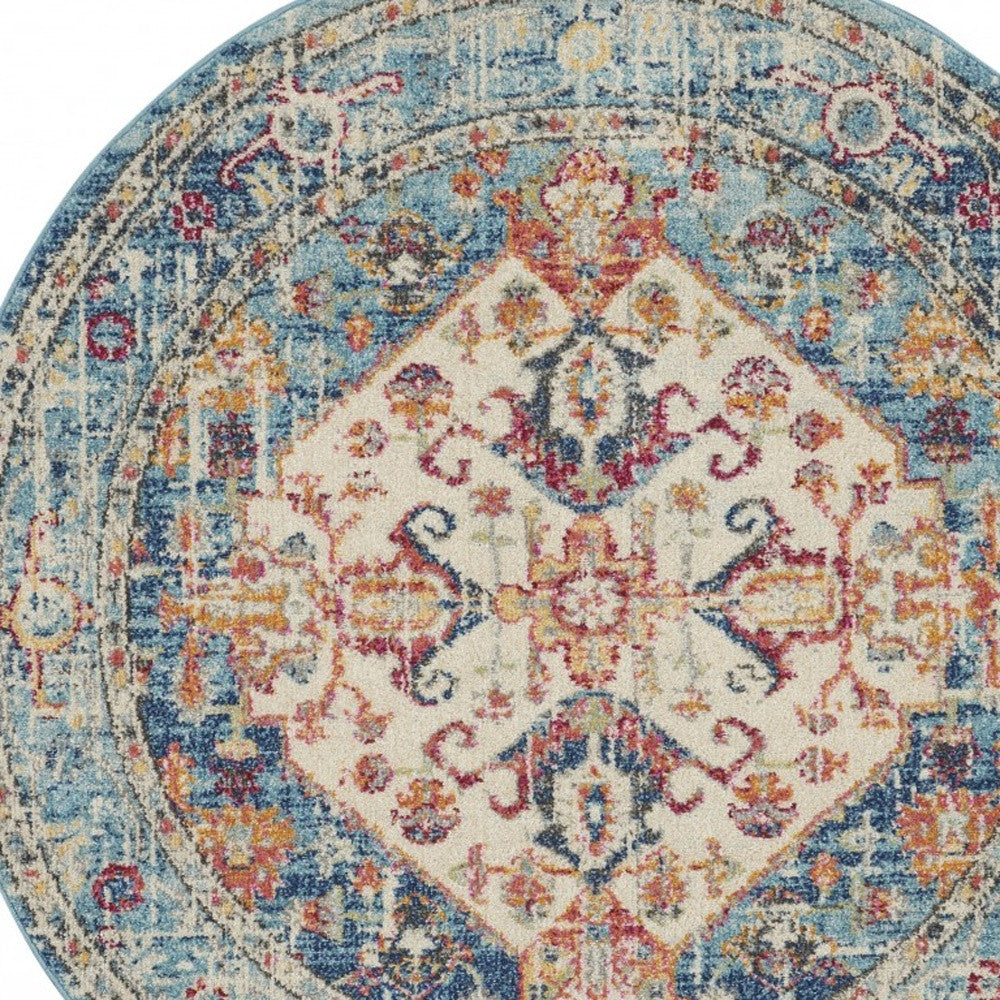 5' Blue And Ivory Round Power Loom Area Rug