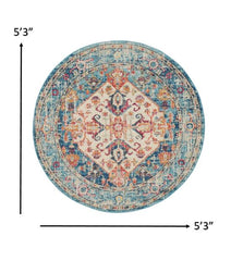 5' Blue And Ivory Round Power Loom Area Rug