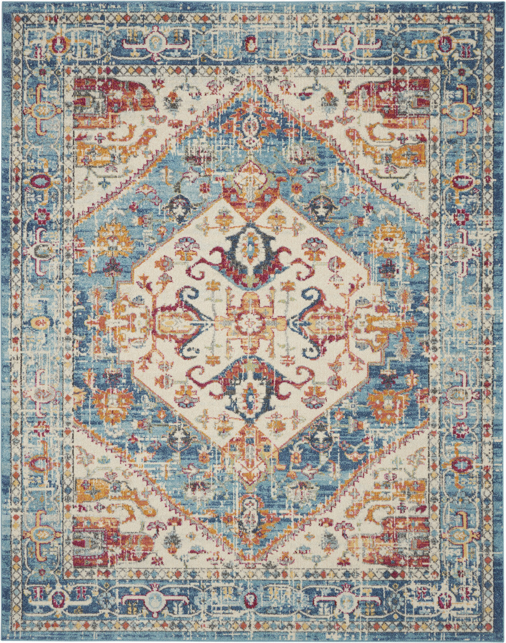 7' X 10' Blue And Ivory Power Loom Area Rug