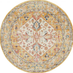 4' Yellow And Ivory Round Dhurrie Area Rug