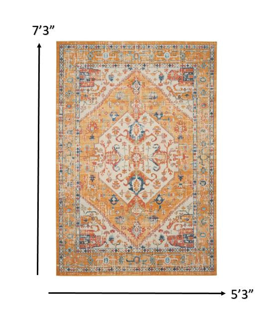 5' X 7' Ivory and Yellow Center Medallion Area Rug