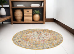 5' Yellow and Ivory Round Floral Medallion Shag Area Rug