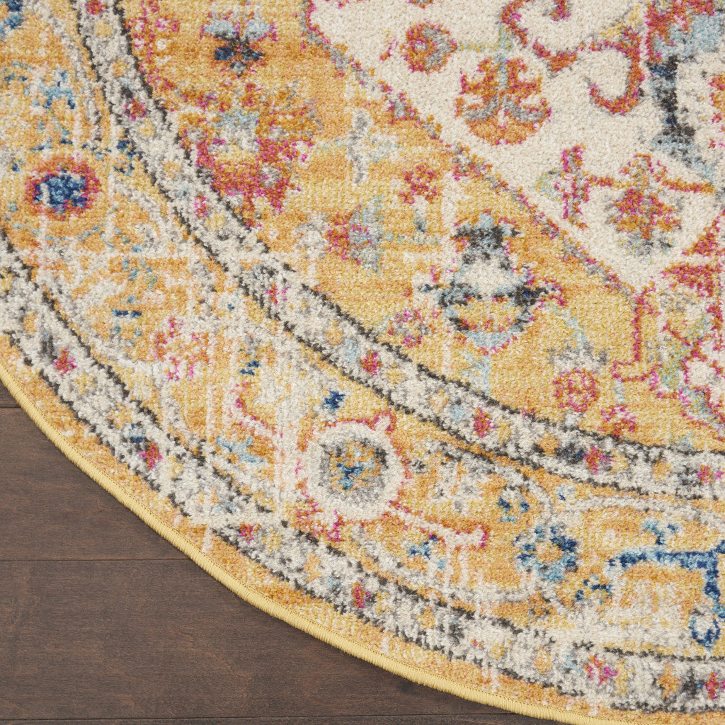 5' Yellow and Ivory Round Floral Medallion Shag Area Rug