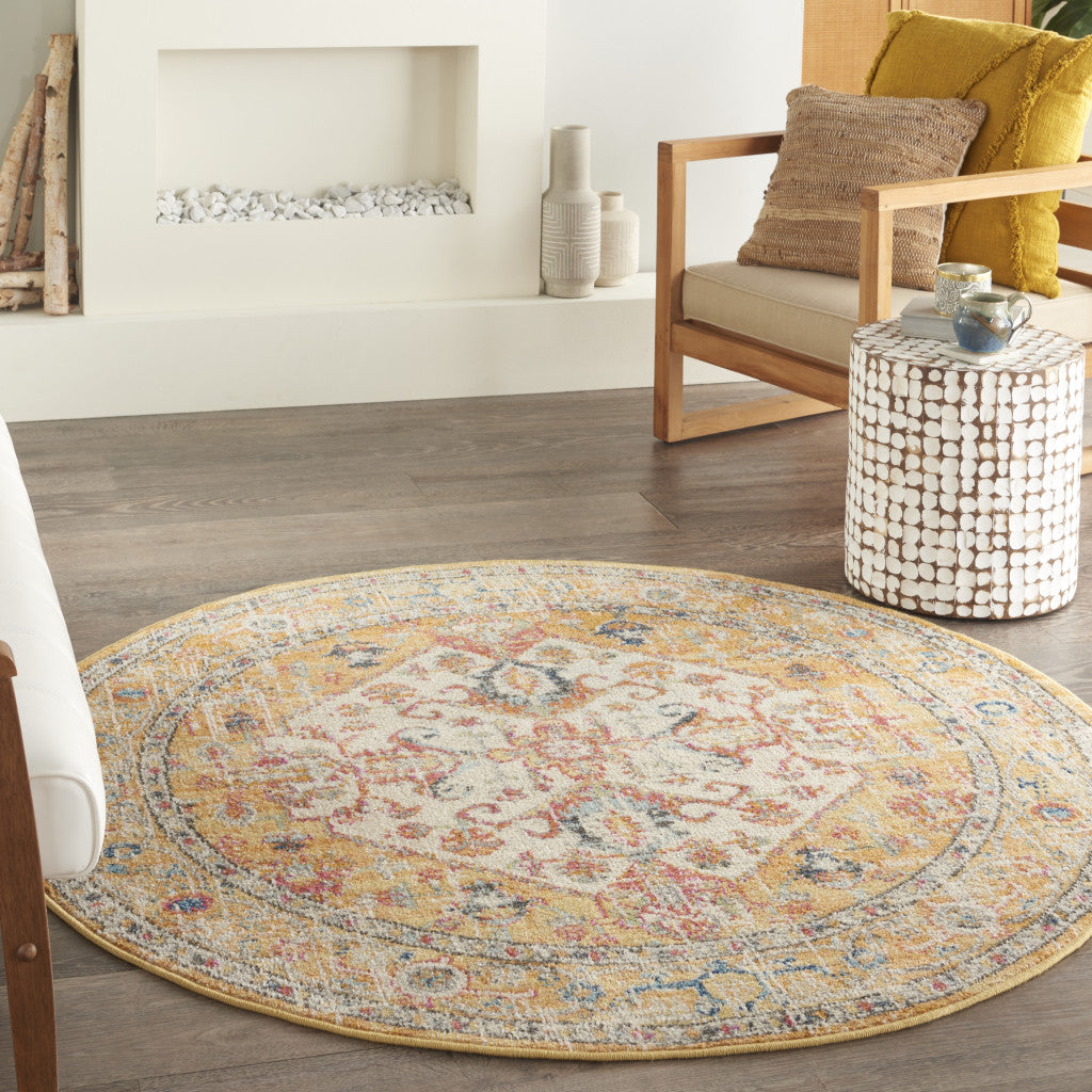 5' Yellow and Ivory Round Floral Medallion Shag Area Rug