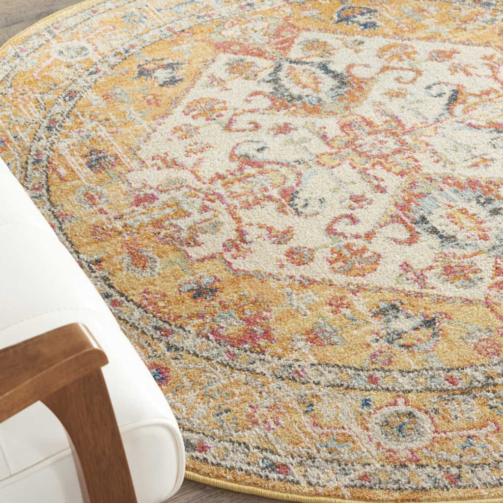 5' Yellow and Ivory Round Floral Medallion Shag Area Rug